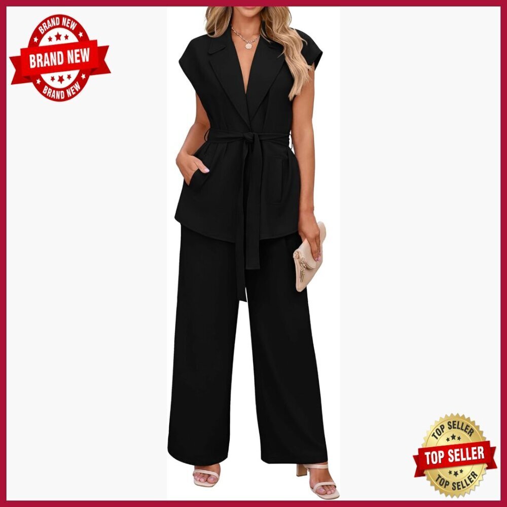 Women's 2-Piece Blazer Vest & Wide Leg Pant Set, Polyester, Office Wear